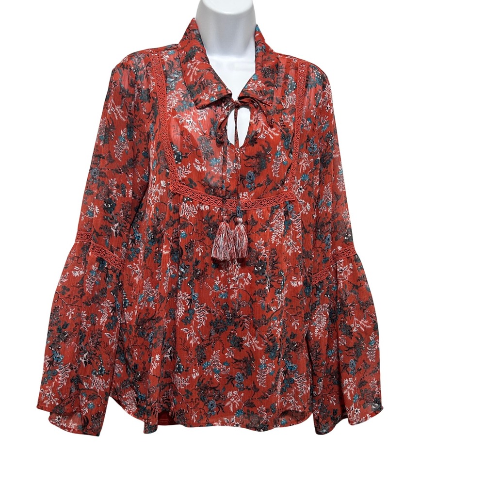 Knox Rose Women Boho Cottagecore Top XL Rust Floral Bell Sleeve Peasant